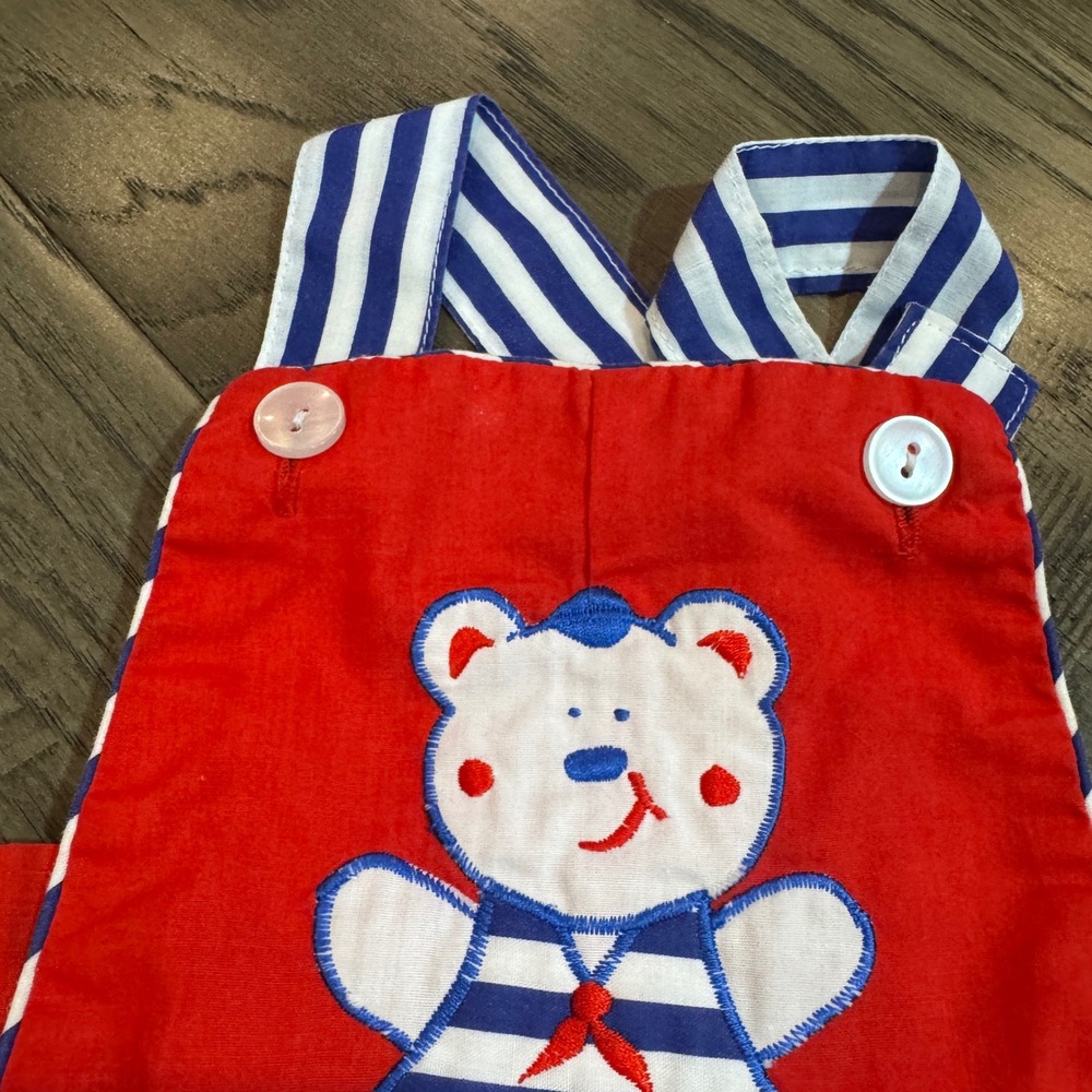 Vintage Cuties by Judy Baby Overalls 6/9 Months Red Nautical Bear Romper - Picture 3 of 6